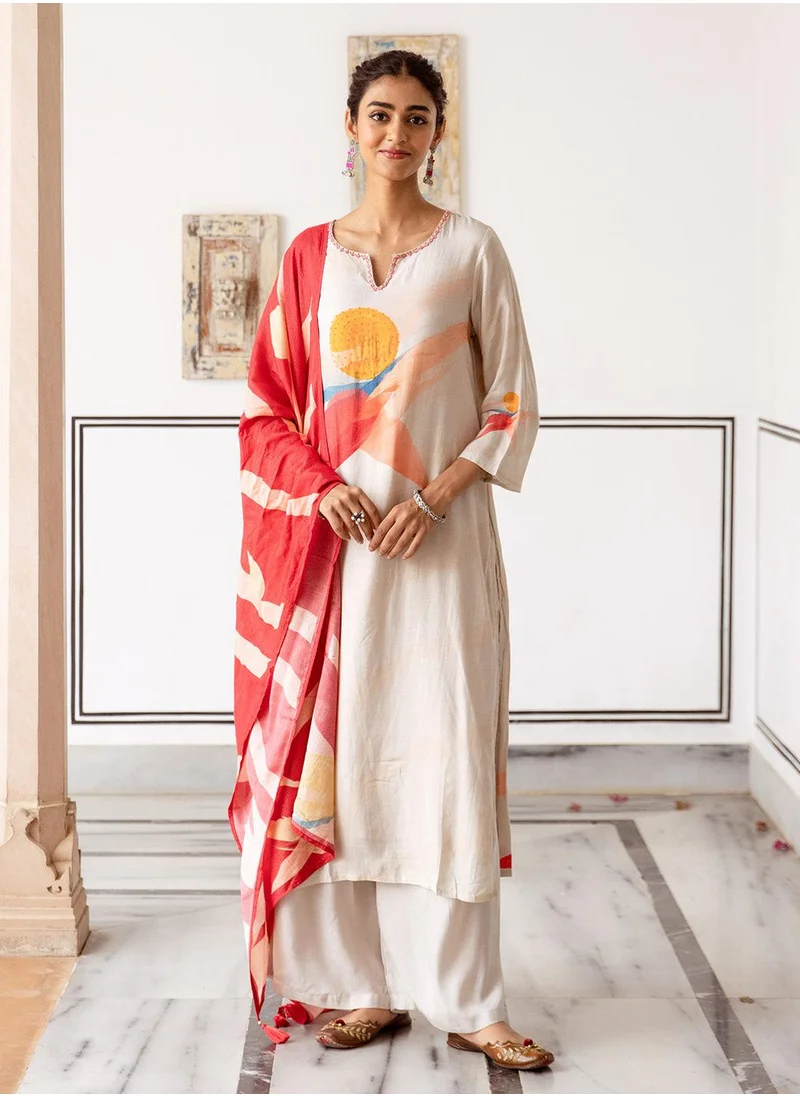 ISHIN Women's Cream Viscose Blend Printed Tunic Full Length Casual Straight Fit Kurta Set