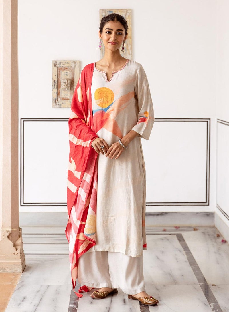 ISHIN Women's Cream Viscose Blend Printed Tunic Full Length Casual Straight Fit Kurta Set  - Image 1
