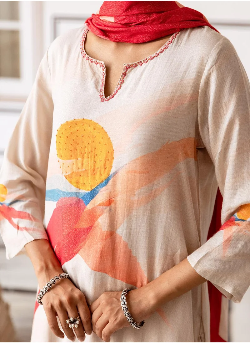 ISHIN Women's Cream Viscose Blend Printed Tunic Full Length Casual Straight Fit Kurta Set