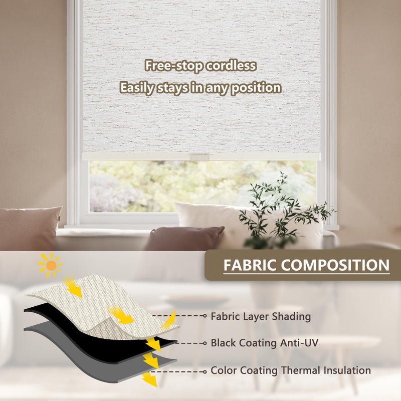 SUNOFF Cordless Blackout Roller Shades Blinds for Windows Free-Stop,Pull Down Room Darkening with Valance,Thermal Insulated Woven Fabric Window Door Blinds for Home,Office,Linen 34" W x 72" H - Image 4