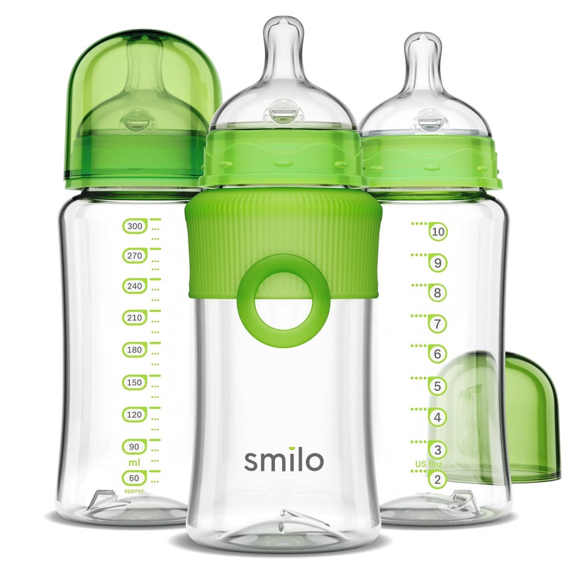 Smilo Baby Bottle Set with Stage 0 Slow Flow Anti Colic Nipple 10 Oz 300 ml Capacity 3X Pack of Anti Colic Baby Bottles 03 Months Green