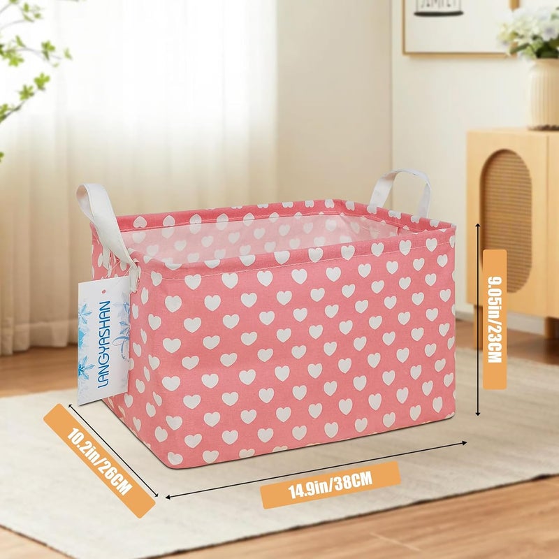 LANGYASHAN Rectangular Storage Bin Collapse Canvas Fabric Cartoon Storage Basket with Handles for Organizing Home Kitchen Boys and Girls Toys Office Closet Shelf Baskets (Rec pink heart) - Image 2