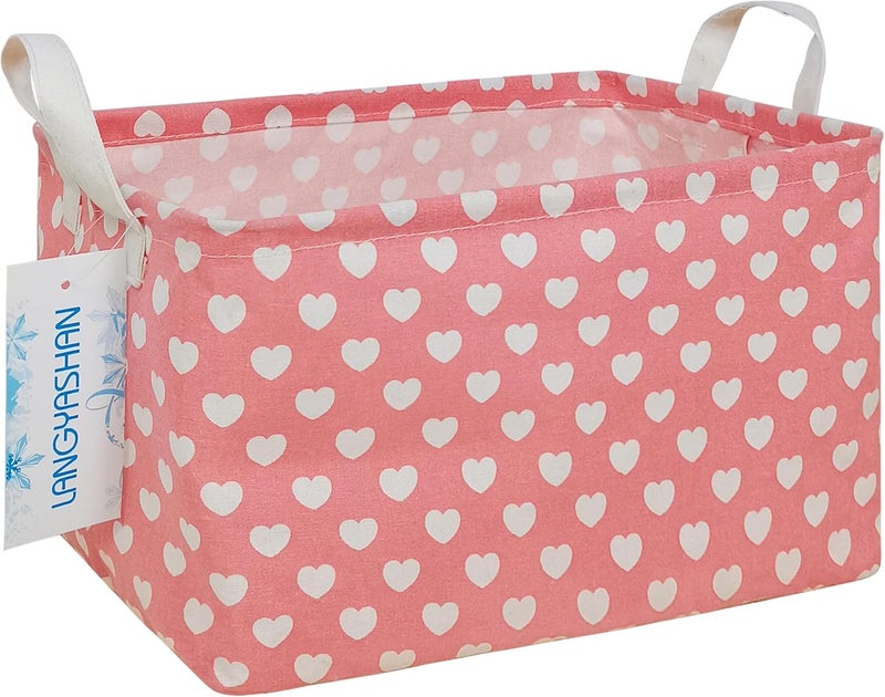LANGYASHAN Rectangular Storage Bin Collapse Canvas Fabric Cartoon Storage Basket with Handles for Organizing Home Kitchen Boys and Girls Toys Office Closet Shelf Baskets (Rec pink heart) - Image 1