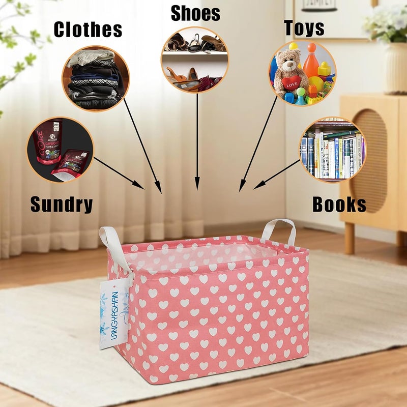 LANGYASHAN Rectangular Storage Bin Collapse Canvas Fabric Cartoon Storage Basket with Handles for Organizing Home Kitchen Boys and Girls Toys Office Closet Shelf Baskets (Rec pink heart) - Image 4