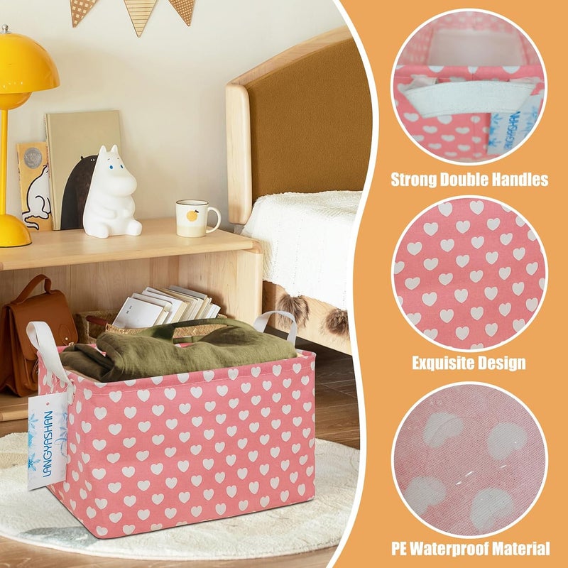 LANGYASHAN Rectangular Storage Bin Collapse Canvas Fabric Cartoon Storage Basket with Handles for Organizing Home Kitchen Boys and Girls Toys Office Closet Shelf Baskets (Rec pink heart) - Image 3