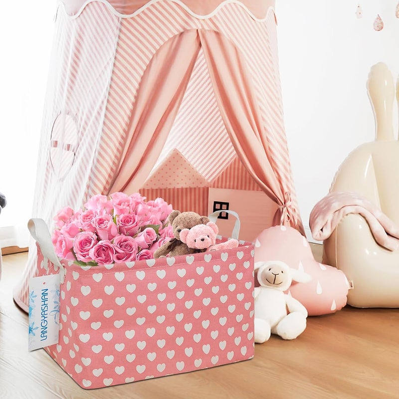 LANGYASHAN Rectangular Storage Bin Collapse Canvas Fabric Cartoon Storage Basket with Handles for Organizing Home Kitchen Boys and Girls Toys Office Closet Shelf Baskets (Rec pink heart) - Image 5