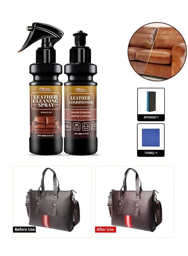 Homonth Leather Cleaning Care Set with Sponge Towel - 120ML Leather Cleaner and 120ML Leather Conditioner - Nourishing Care Shine Renovation Antifouling -Leather Furniture Cleaner for Leather Sofas Car Seats, All Leather Items - Furniture & Chair Restoration Kit - Image 1