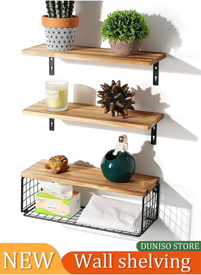 DUNISO 3 Pieces Of Wall Mounted Floating Shelves, Wooden Storage Racks, Display Racks With Brackets And Storage Baskets, Suitable For Bedrooms, Living Rooms, Bathrooms, Kitchens, And Offices  - Image 1