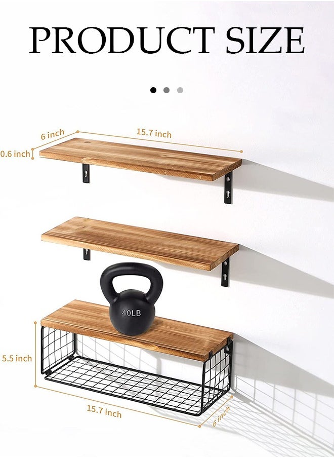 DUNISO 3 Pieces Of Wall Mounted Floating Shelves, Wooden Storage Racks, Display Racks With Brackets And Storage Baskets, Suitable For Bedrooms, Living Rooms, Bathrooms, Kitchens, And Offices  - Image 3