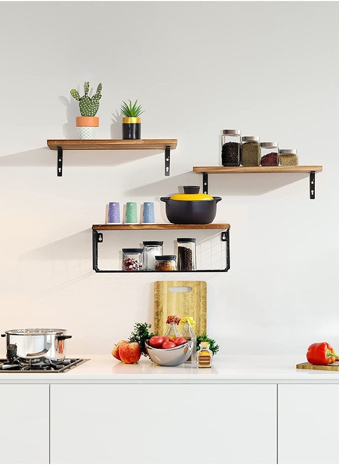 DUNISO 3 Pieces Of Wall Mounted Floating Shelves, Wooden Storage Racks, Display Racks With Brackets And Storage Baskets, Suitable For Bedrooms, Living Rooms, Bathrooms, Kitchens, And Offices  - Image 2