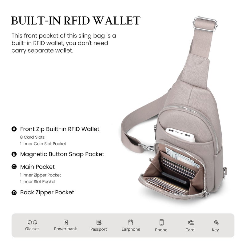 befen Genuine Leather Small Crossbody Sling Bag for Women Anti-Theft Crossbody Chest Bags Purse with Built in RFID Wallet for Travel Beige Grey - Image 3