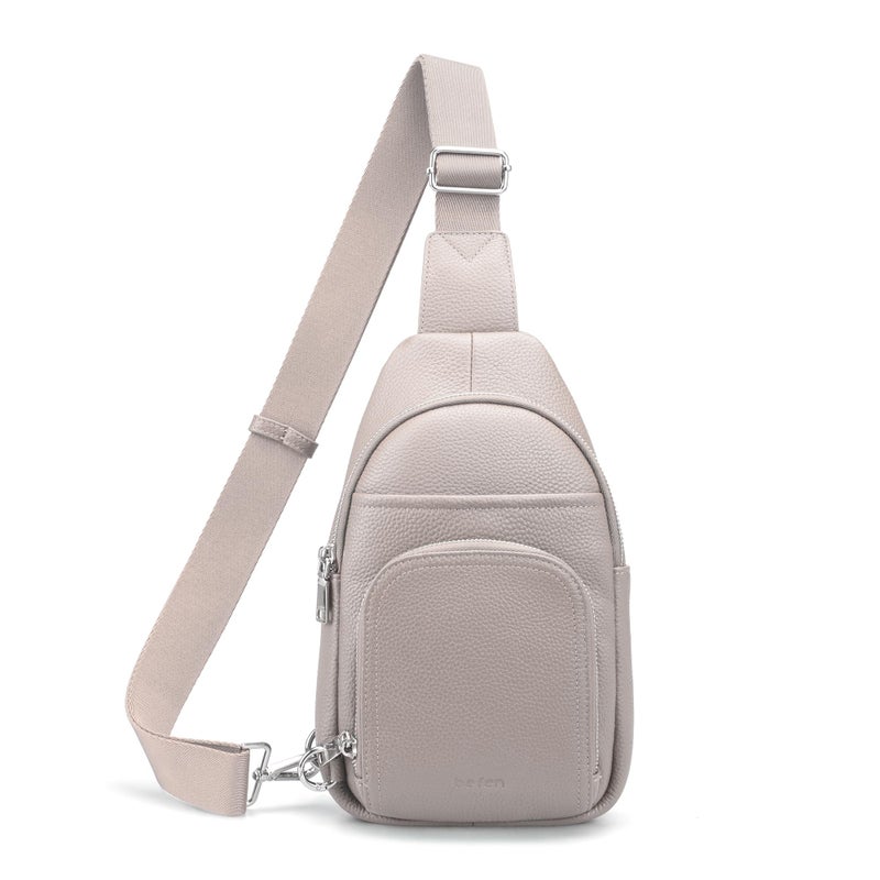 befen Genuine Leather Small Crossbody Sling Bag for Women Anti-Theft Crossbody Chest Bags Purse with Built in RFID Wallet for Travel Beige Grey - Image 1