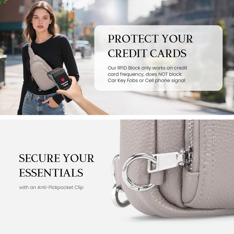 befen Genuine Leather Small Crossbody Sling Bag for Women Anti-Theft Crossbody Chest Bags Purse with Built in RFID Wallet for Travel Beige Grey - Image 4
