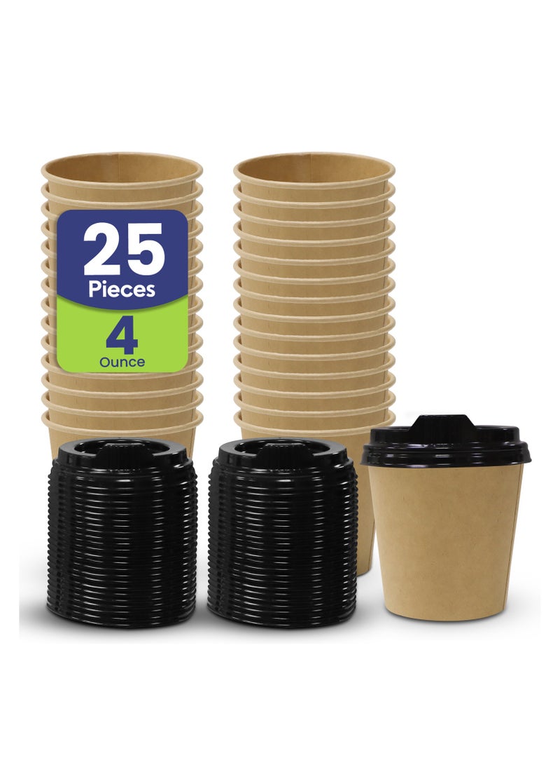 إس إن إتش باكينج SNH Packing أكواب قهوة ورقية للاستعمال الواحد بسعة 4 أونصات (عبوة من 25) بغطاء بني - أكواب ورقية متينة بجدار واحد مع غطاء للمشروبات الباردة والساخنة - مثالية للمقاهي والمكاتب. قم بزيارة متجر SNH Packing. - Image 1