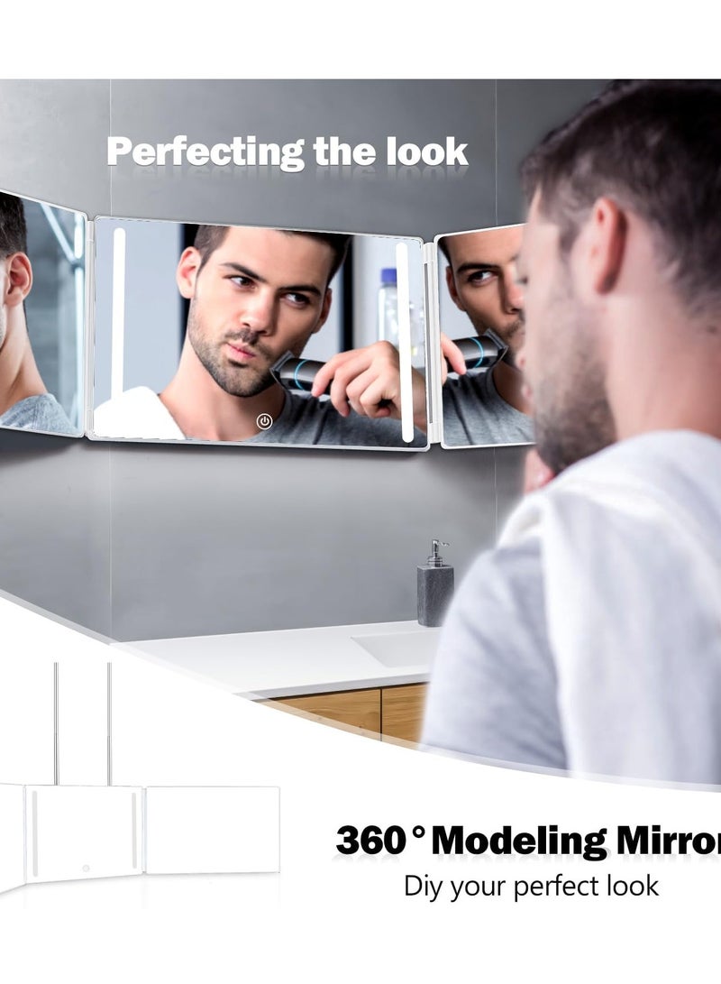 CityRiya-Long 3 Way Mirror for Self Hair Cutting Rechargeable Self Cut Mirror Trifold Makeup Mirror with Lights Barber Mirror Self Haircut Mirror 360° Mirror for Haircuts LED Home Mirror - Image 2