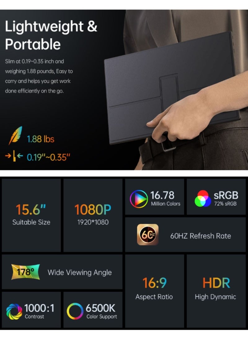 HILUKE - 15.6'' Portable Monitor, 1080P FHD Plug&Play Travel Laptop Monitor w/Smart Cover, USB-C HDR Portable Second Computer Display, Portable Game External Screen for PC Phone Mac Xbox PS4/5 Switch - Image 1
