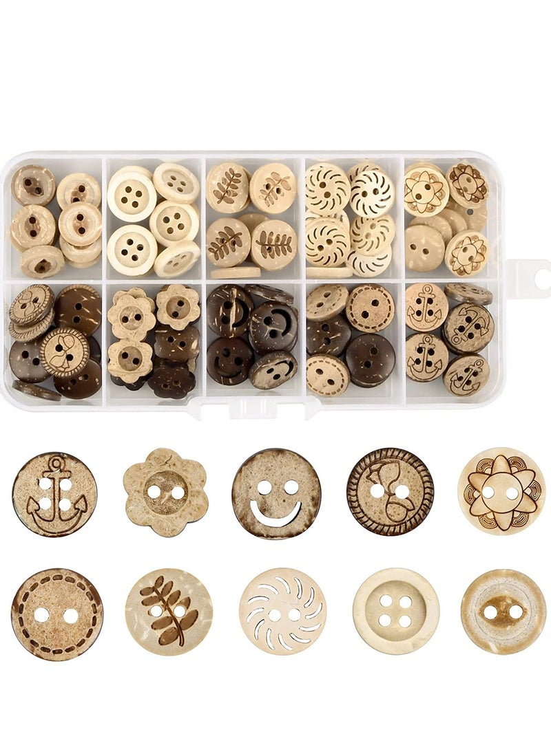 Wooden Sewing Buttons Craft Wood Buttons Handmade Round Shape Button Natural Coconut Buttons with Storage Box for DIY Baby Cardigans Knitting Clothes Hats Scrapbook Decorations, 13mm 100 Pcs - Image 1