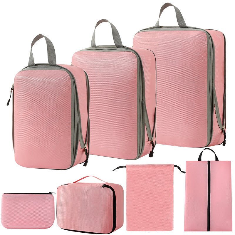 Travel Organizer Packing Cubes LuggageThree-piece set + shoe bag + bra bag + flat pocket + drawstring pocket (pink seven-piece set) Three-piece set + shoe bag + bra bag + flat pocket + drawstring pocket (pink seven-piece set)