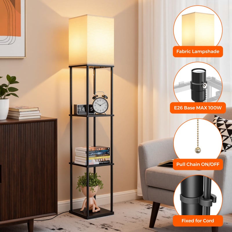 FOLKSMATE Floor Lamp with Shelves, 3-Tier Modern Square Bookshelf Floor Lamp, 3 Color Temperature Bulb Included, Black Floor Lamps for Living Room Bedroom Corner - Image 4