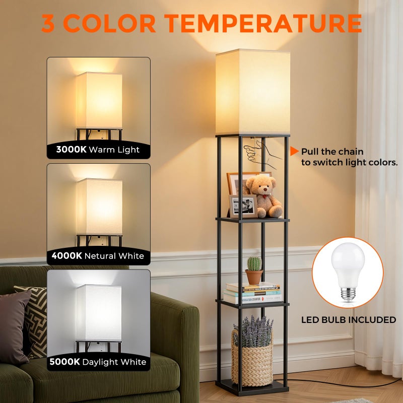 FOLKSMATE Floor Lamp with Shelves, 3-Tier Modern Square Bookshelf Floor Lamp, 3 Color Temperature Bulb Included, Black Floor Lamps for Living Room Bedroom Corner - Image 2