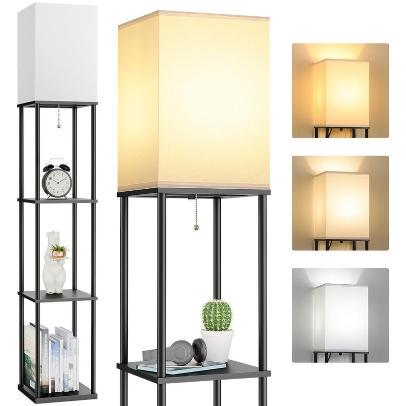 FOLKSMATE Floor Lamp with Shelves, 3-Tier Modern Square Bookshelf Floor Lamp, 3 Color Temperature Bulb Included, Black Floor Lamps for Living Room Bedroom Corner - Image 1
