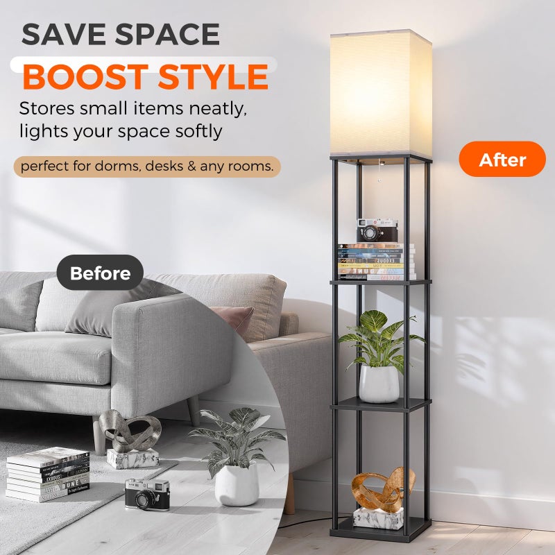 FOLKSMATE Floor Lamp with Shelves, 3-Tier Modern Square Bookshelf Floor Lamp, 3 Color Temperature Bulb Included, Black Floor Lamps for Living Room Bedroom Corner - Image 5