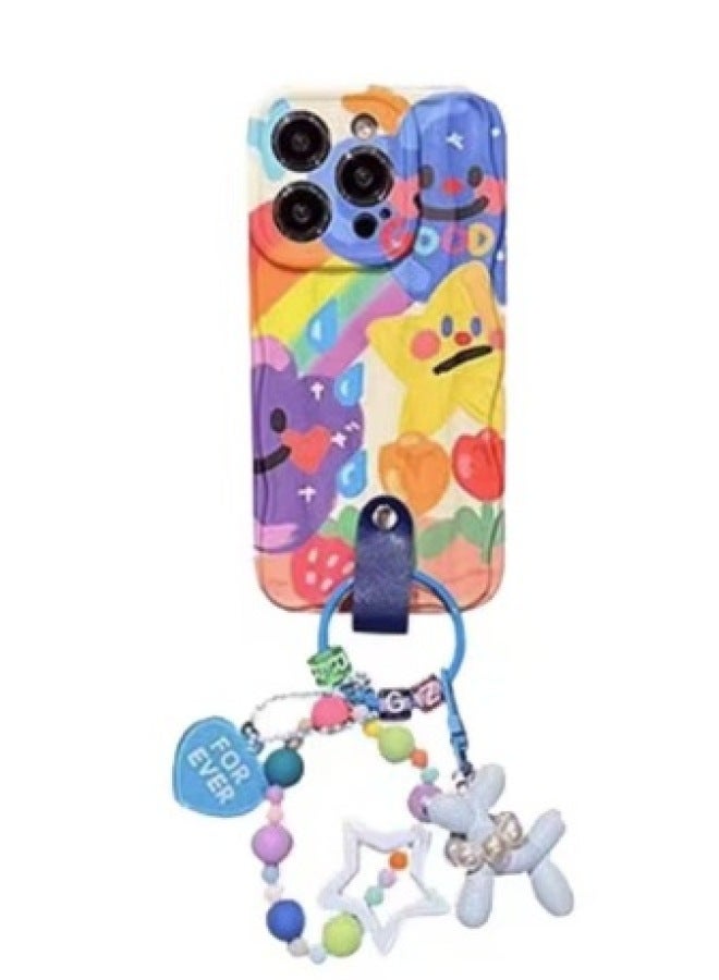 Graffiti Rainbow Flowers For Iphone16PROMAX Phone Case 14 For Iphone 15 Yellow Duck Pendant 13 Female 16-Colour:Blue Dog Pendant + Stars And Clouds Graffiti-qq-Applicable Model:For Iphone 12promax  - Image 1
