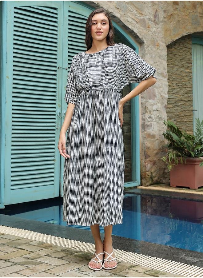 sanskrutihomes All-Over Print Batwing Sleeve Cotton Midi Dress by Styli  - Image 1