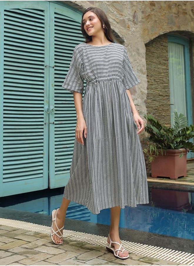 sanskrutihomes All-Over Print Batwing Sleeve Cotton Midi Dress by Styli  - Image 4