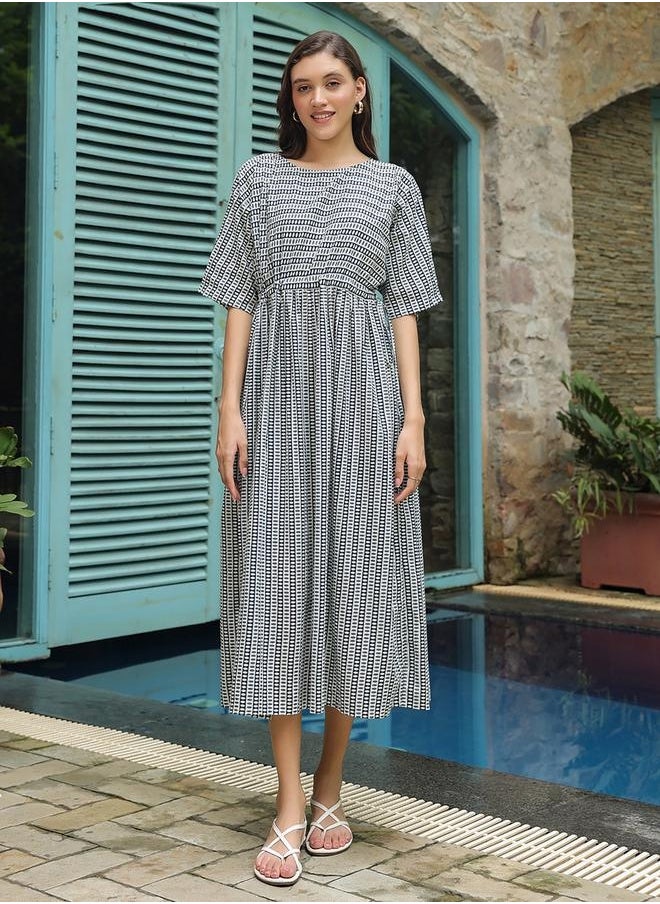sanskrutihomes All-Over Print Batwing Sleeve Cotton Midi Dress by Styli  - Image 5