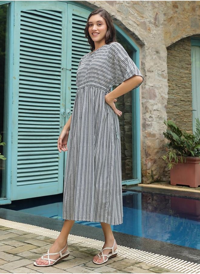 sanskrutihomes All-Over Print Batwing Sleeve Cotton Midi Dress by Styli  - Image 3