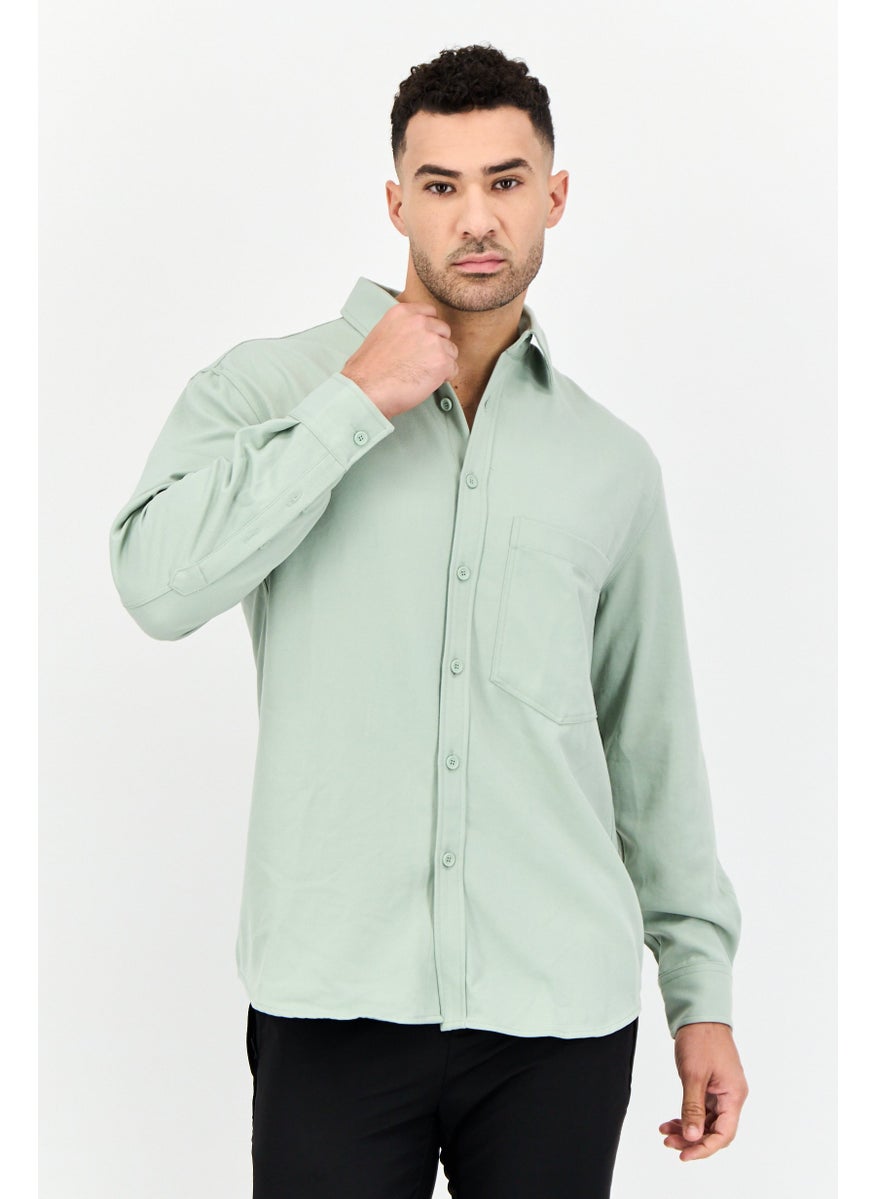 Selected Homme Men Drop Shoulder Fit Solid Long Sleeve Causal Shirt, Sage Green  - Image 1
