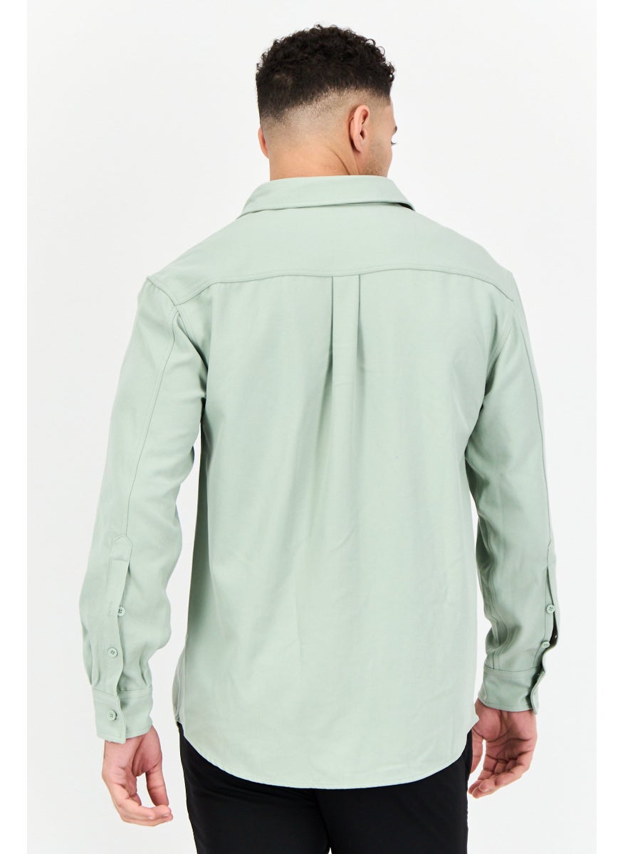 Selected Homme Men Drop Shoulder Fit Solid Long Sleeve Causal Shirt, Sage Green  - Image 3