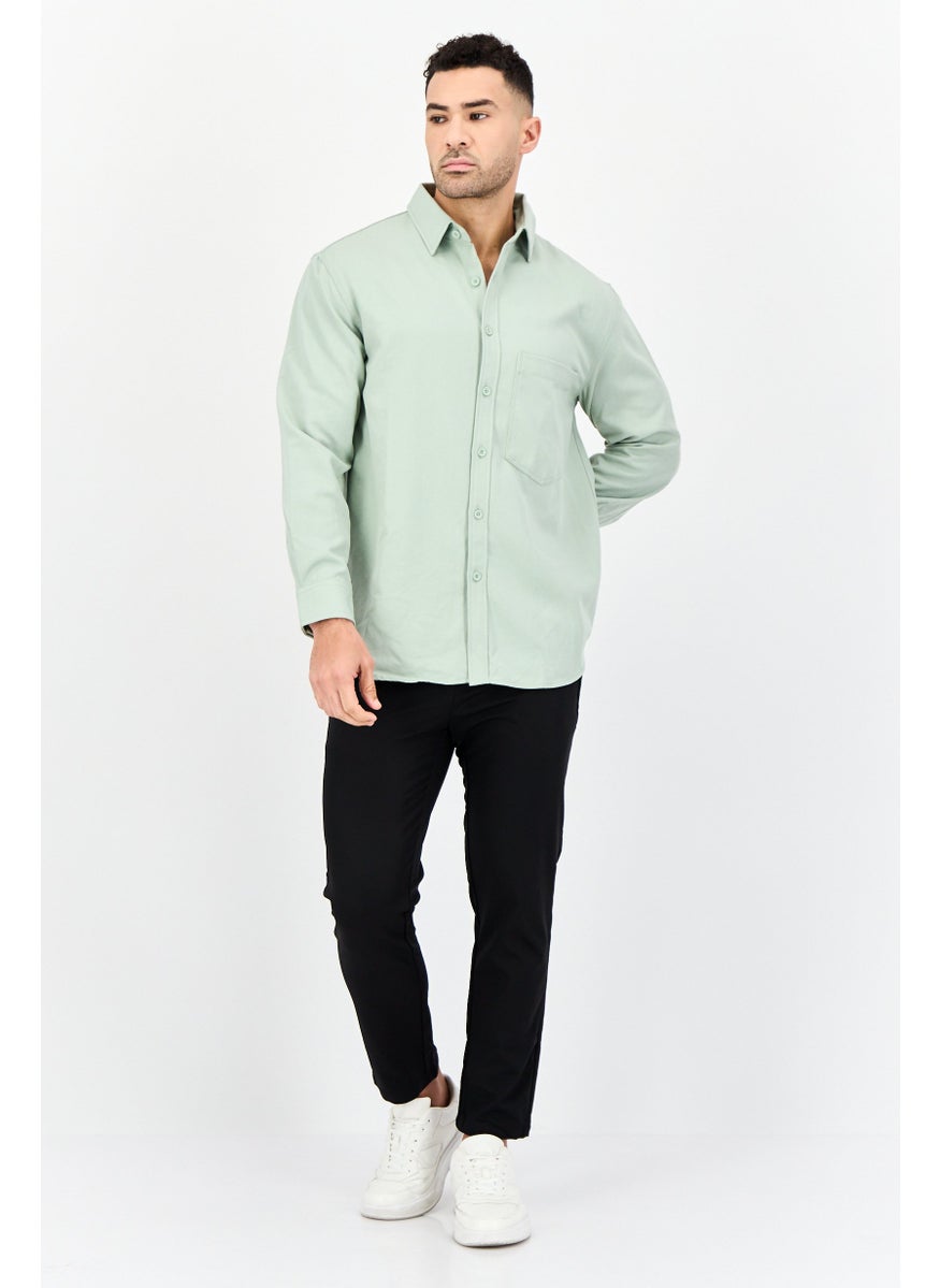 Selected Homme Men Drop Shoulder Fit Solid Long Sleeve Causal Shirt, Sage Green  - Image 2