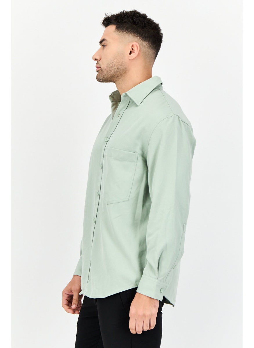 Selected Homme Men Drop Shoulder Fit Solid Long Sleeve Causal Shirt, Sage Green  - Image 4
