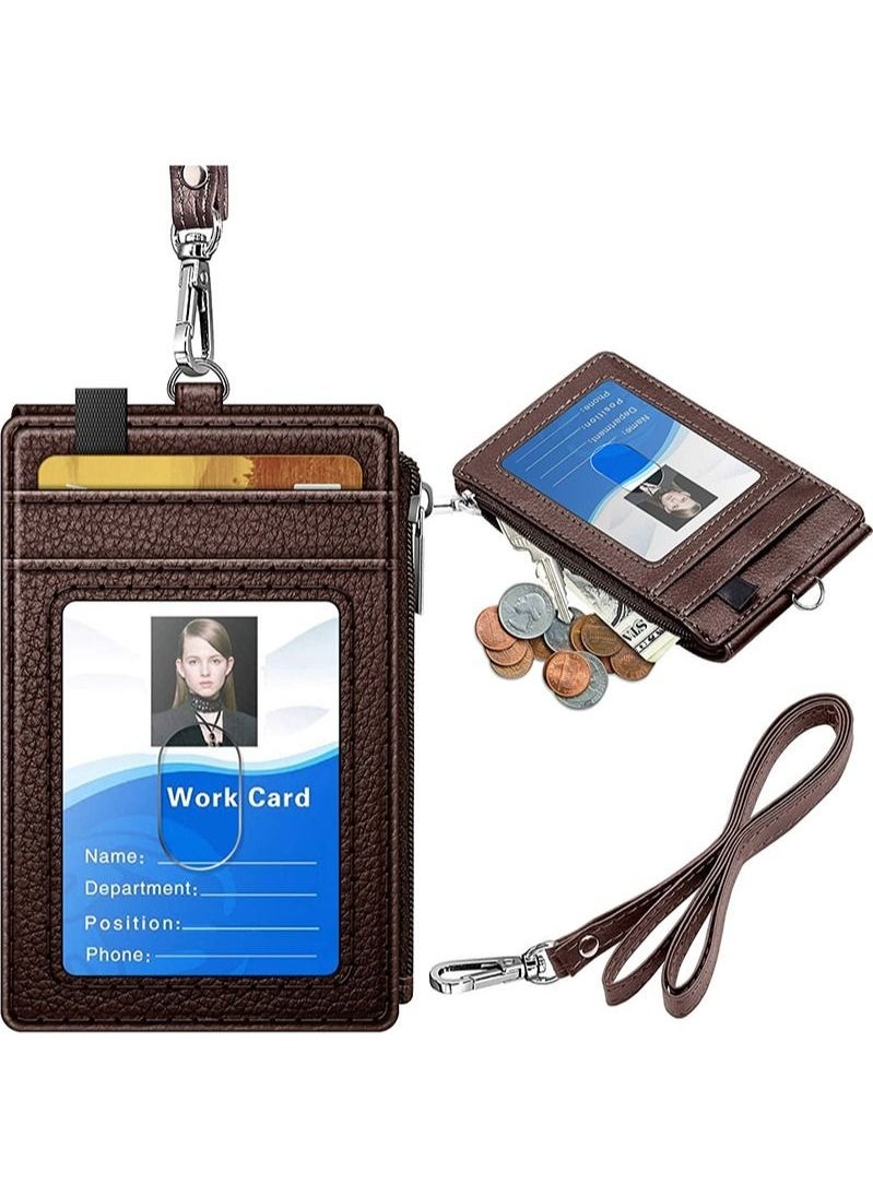 Generic Badge Holder with Zipper, PU Leather ID Badge Card Holder Wallet with 5 Card Slots, 1 Side RFID Blocking Pocket and 20 inch Neck Lanyard Strap for Offices ID/School ID/Driver Licence  - Image 1