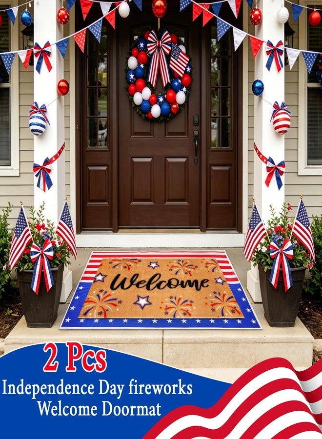 Prewplam 2 Pcs 4th of July Patriotic Welcome Doormat-Outdoor 250th Anniversary America Flag Door Mat with Fireworks,Rubber Non Slip Backing Floor Mats Home Decoration Porch Entryway Entrance Decor - Image 2