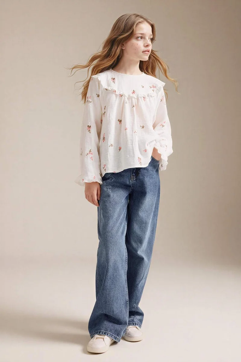 Defacto Girl Floral Embroidered Muslin Blouse