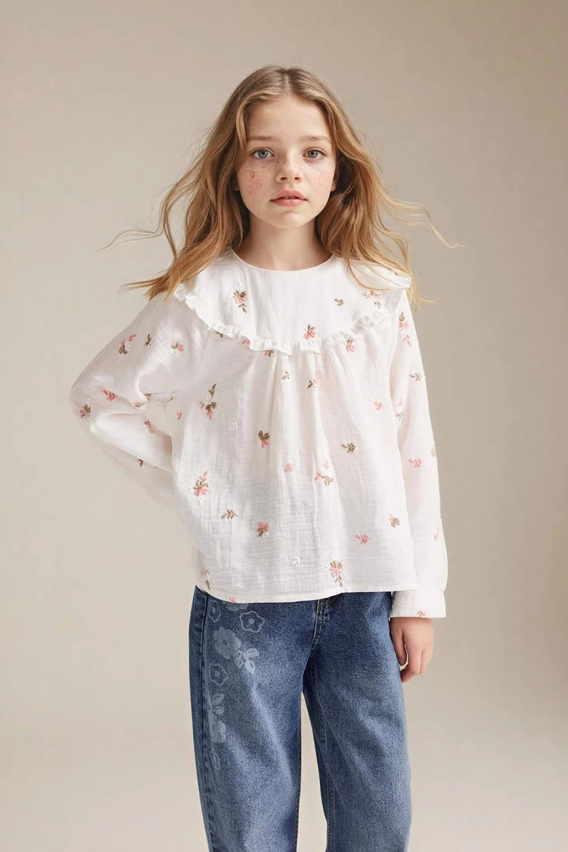 Defacto Girl Floral Embroidered Muslin Blouse
