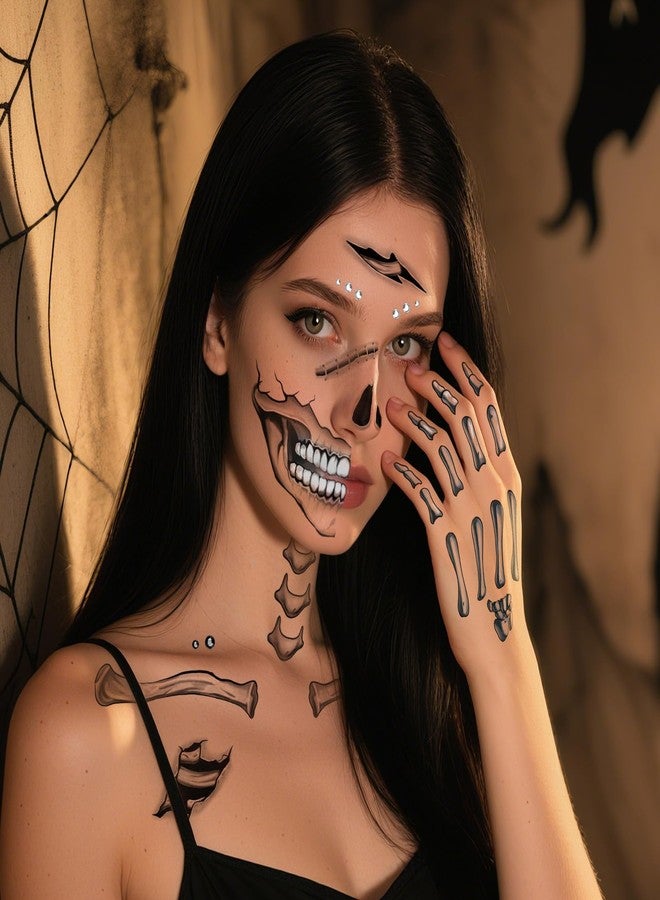 Leesgel Halloween Decorations- Skeleton Face Temporary Tattoos with Self Adhesive Face Gems Perfect for Halloween Costumes, Makeup, Party Favors, Stickers, Goodie Bag Stuffers for Women & Men, Adults - Image 4