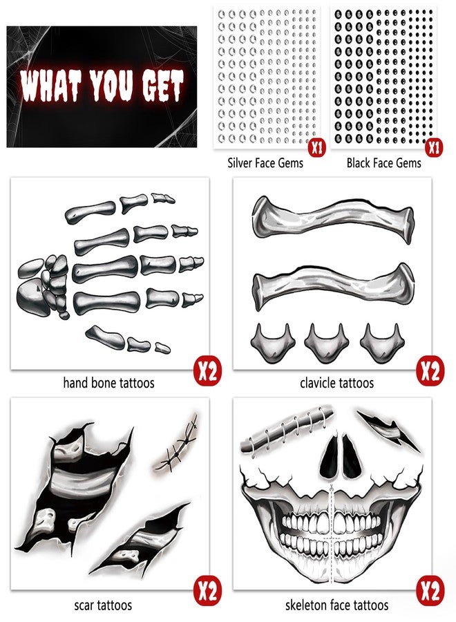 Leesgel Halloween Decorations- Skeleton Face Temporary Tattoos with Self Adhesive Face Gems Perfect for Halloween Costumes, Makeup, Party Favors, Stickers, Goodie Bag Stuffers for Women & Men, Adults - Image 2