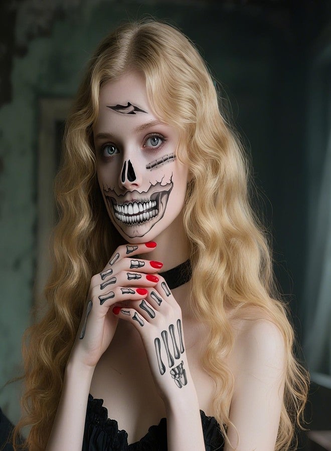 Leesgel Halloween Decorations- Skeleton Face Temporary Tattoos with Self Adhesive Face Gems Perfect for Halloween Costumes, Makeup, Party Favors, Stickers, Goodie Bag Stuffers for Women & Men, Adults - Image 5
