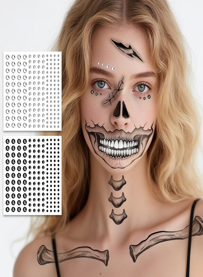 Leesgel Halloween Decorations- Skeleton Face Temporary Tattoos with Self Adhesive Face Gems Perfect for Halloween Costumes, Makeup, Party Favors, Stickers, Goodie Bag Stuffers for Women & Men, Adults - Image 1