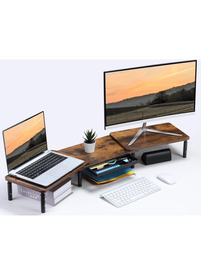 ETHU Dual Monitor Stand, Double Monitor Riser for PC Computer Laptop and Printer, Length and Angle Adjustable Desktop Stand Organizer with Phone Holder and Drawer, Universal Office Accessories, Brown - Image 1