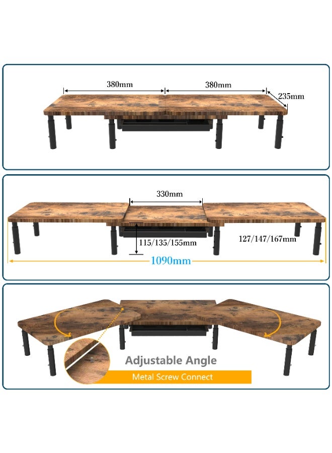 ETHU Dual Monitor Stand, Double Monitor Riser for PC Computer Laptop and Printer, Length and Angle Adjustable Desktop Stand Organizer with Phone Holder and Drawer, Universal Office Accessories, Brown - Image 2