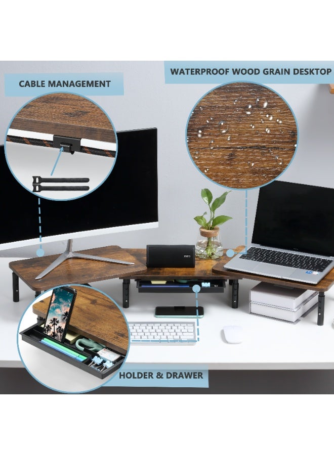 ETHU Dual Monitor Stand, Double Monitor Riser for PC Computer Laptop and Printer, Length and Angle Adjustable Desktop Stand Organizer with Phone Holder and Drawer, Universal Office Accessories, Brown - Image 5