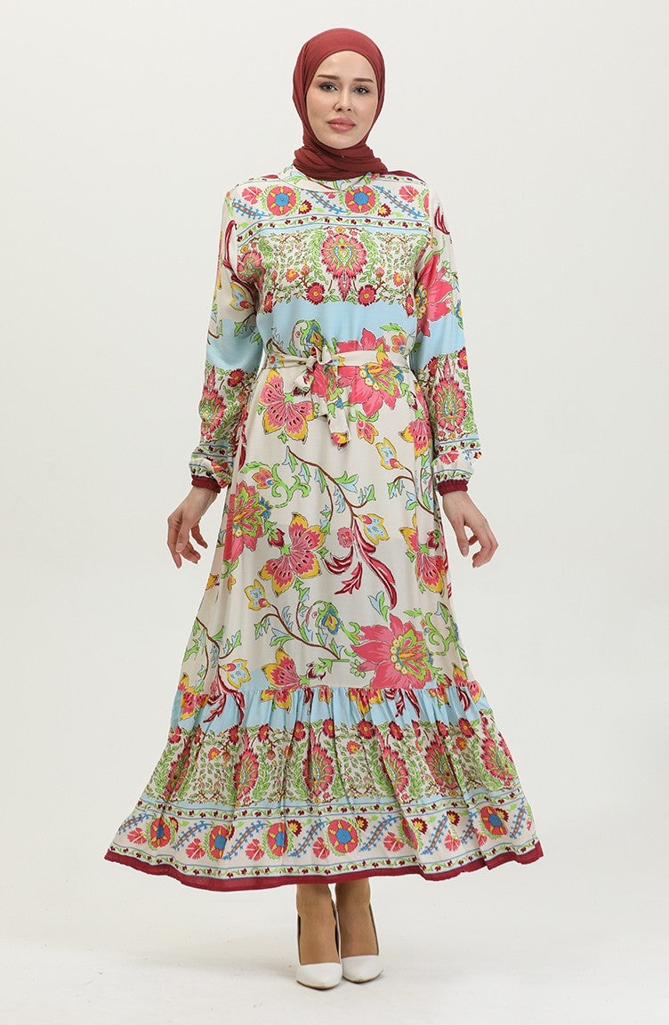 Sefa Merve Alaçatı Pattern Colorful Belted Viscose Dress 0384-03 Beige Dusty Rose - Image 1