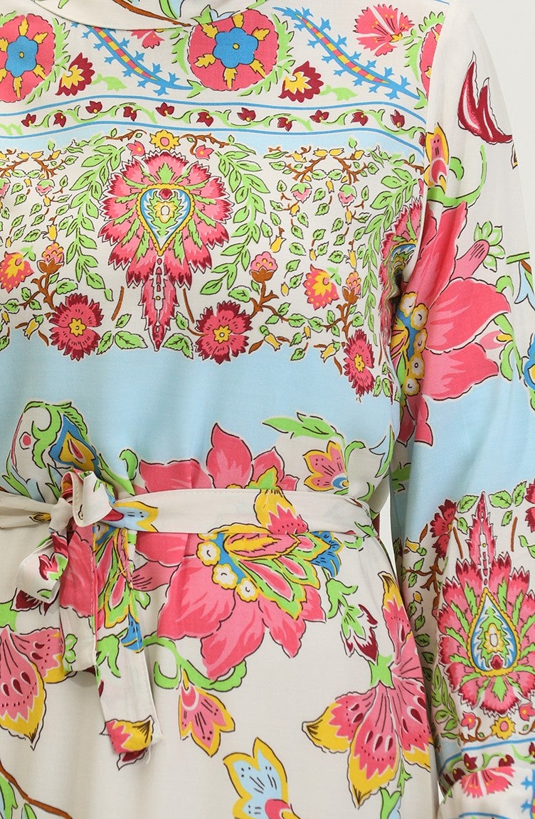 Sefa Merve Alaçatı Pattern Colorful Belted Viscose Dress 0384-03 Beige Dusty Rose - Image 4
