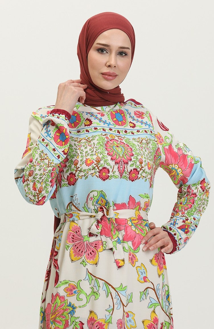 Sefa Merve Alaçatı Pattern Colorful Belted Viscose Dress 0384-03 Beige Dusty Rose - Image 3