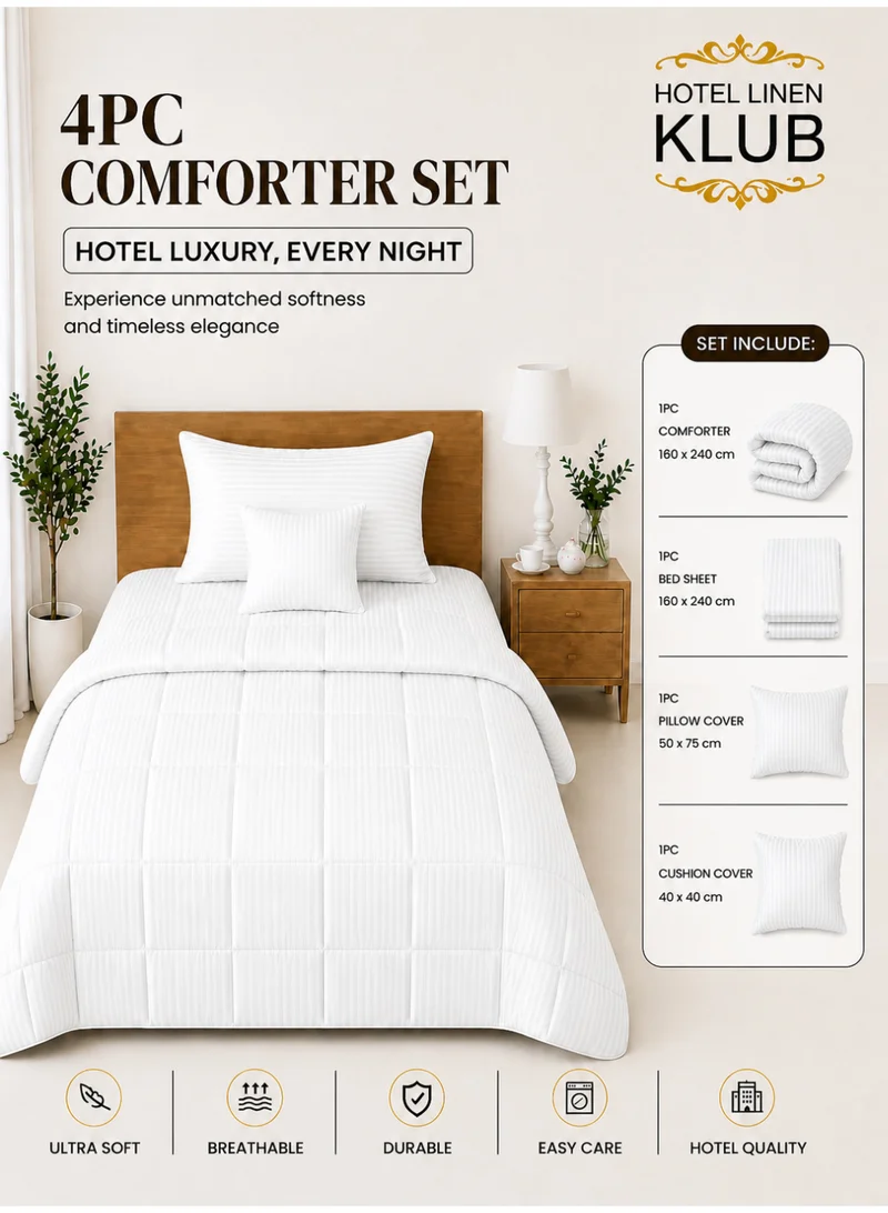 Hotel Linen Klub Hotel Linen Klub Single Comforter Set - 4 Pieces, Luxurious 100% Cotton with 250 Thread Count Sateen, Stylish Classic Stripe Pattern - Soft Microfiber Filling, Size: 160 x 240 cm, White